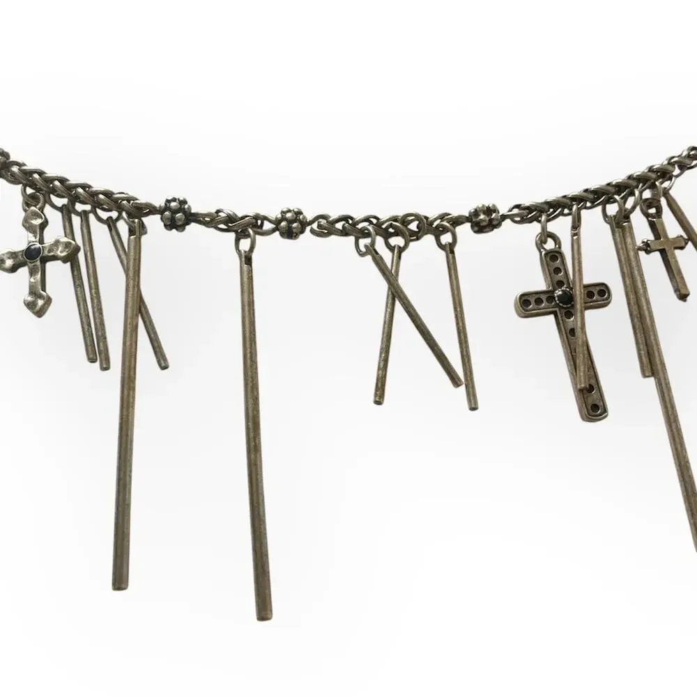 Lucky Brand Silver charm bracelet, antiqued metal chain with Cross dangles